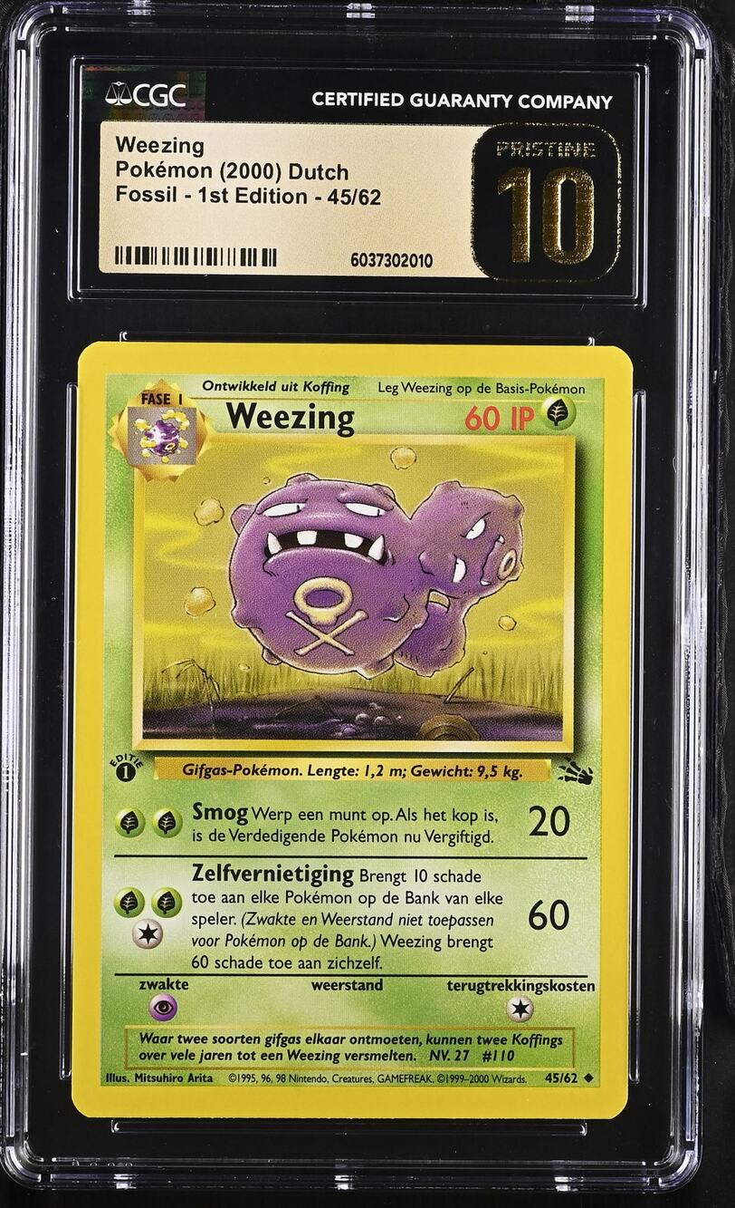 CGC 10 PRISTINE Weezing 1st Edition 45/62 Pokémon 2000 Dutch Fossil (PSA/BGS)